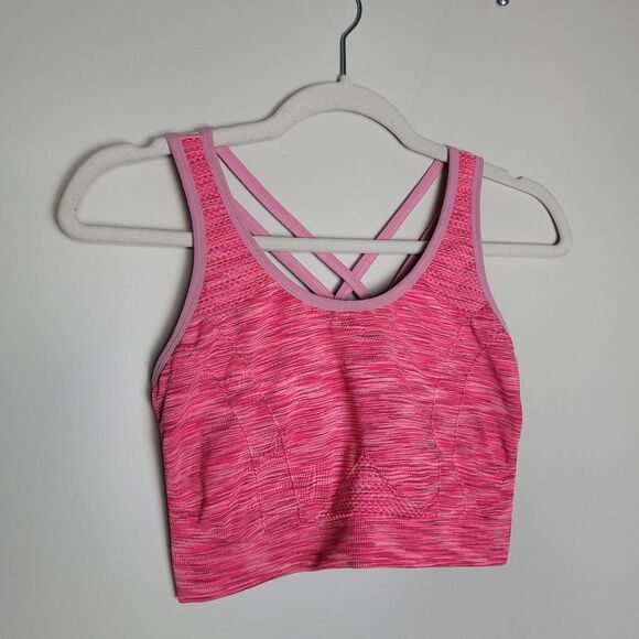 Hot Pink Sports Bra Medium Support Criss Cross Double Strap Pullover Workout - Picture 1 of 7